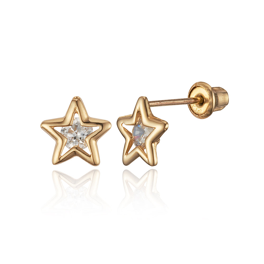 14k Yellow Gold Star CZ Children Screwback Baby Girls Stud Earrings
