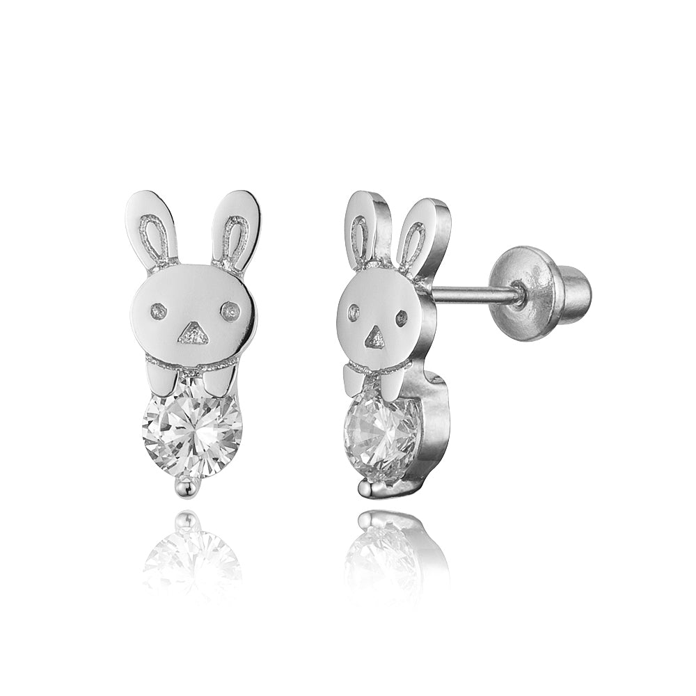 925 Sterling Silver Rhodium Plated Rabbit CZ Screwback Baby Girls Earr