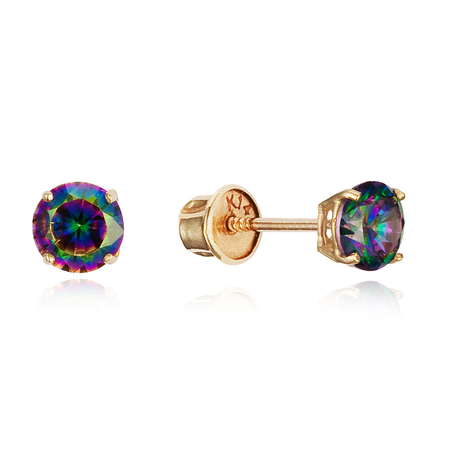 14k Yellow Gold 3-6mm Rainbow CZ Round Children Screwback Baby Girls Earrings