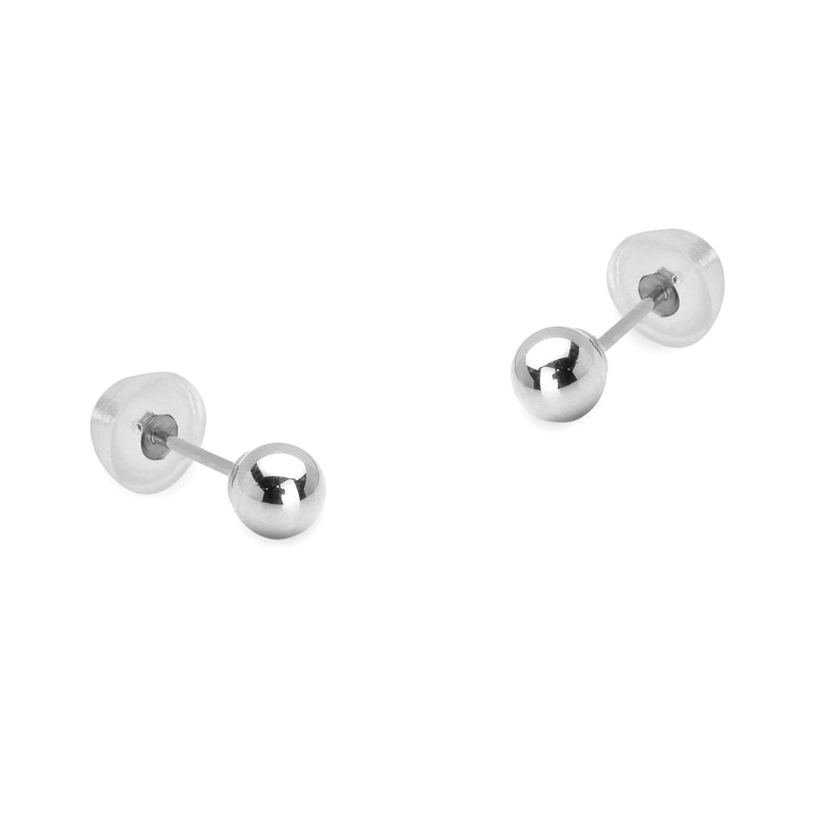 14k White Gold 2-8mm Plain Hollow Gold Ball Baby Girls Silicon Pushback Earrings