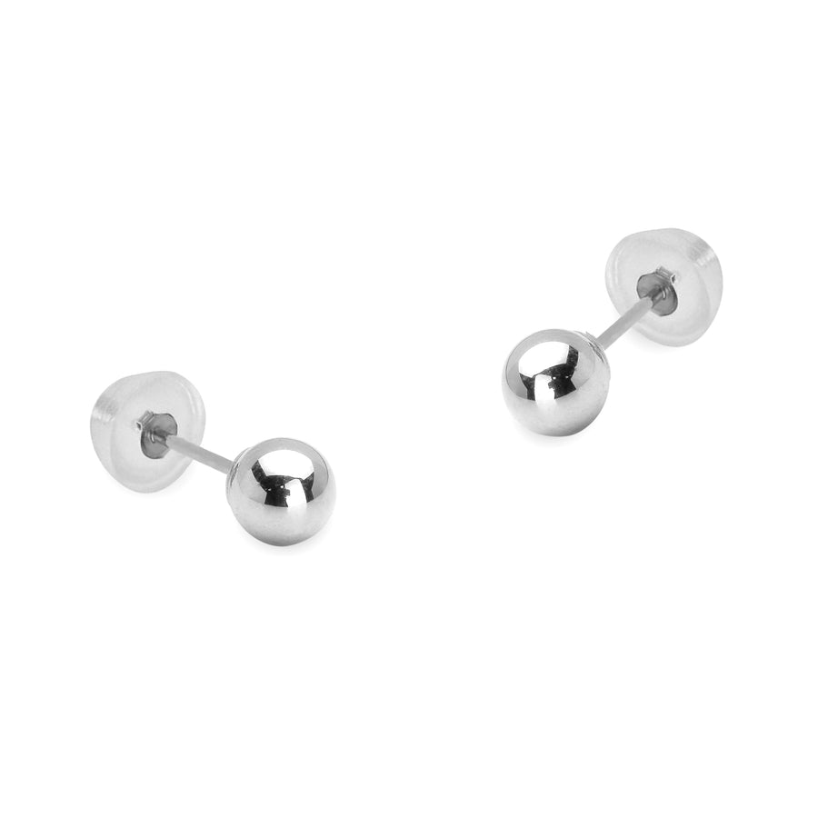 14k White Gold 2-8mm Plain Hollow Gold Ball Baby Girls Silicon Pushback Earrings