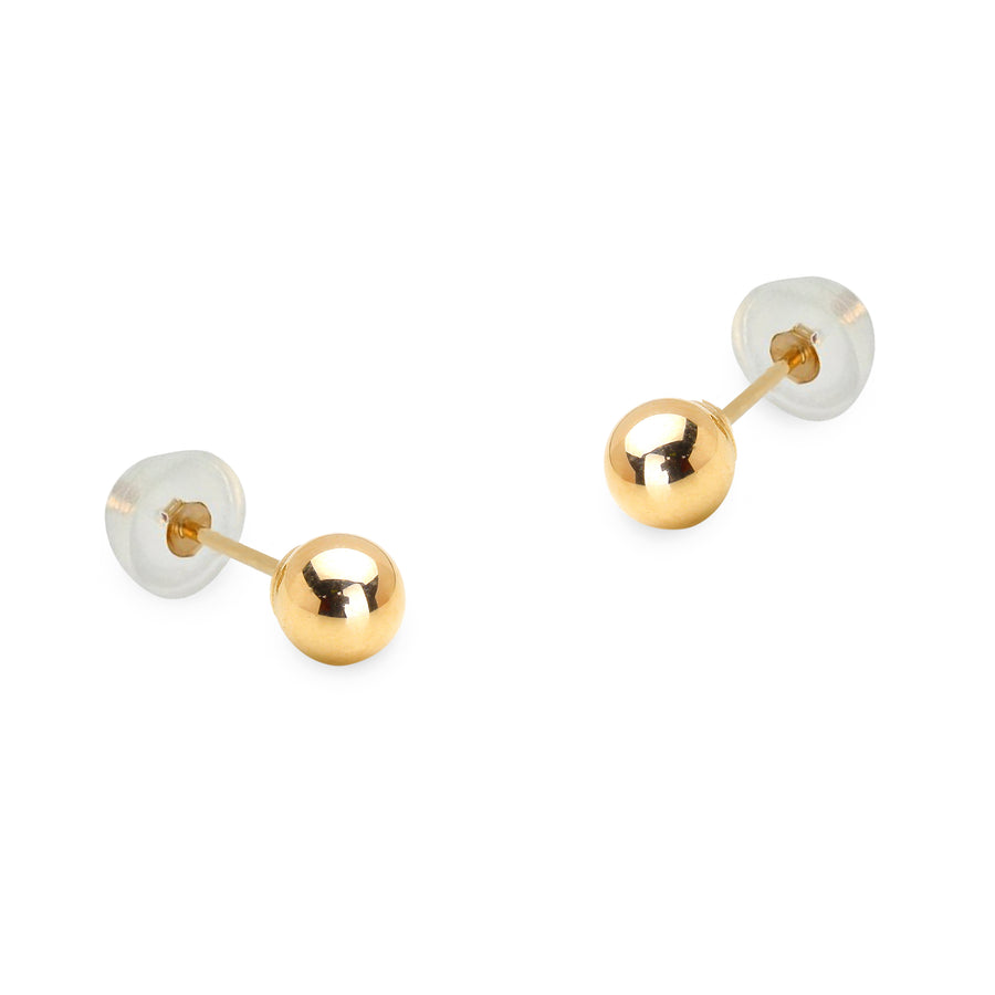 14k Yellow Gold 2-8mm Plain Hollow Gold Ball Baby Girl Silicon Pushback Earrings
