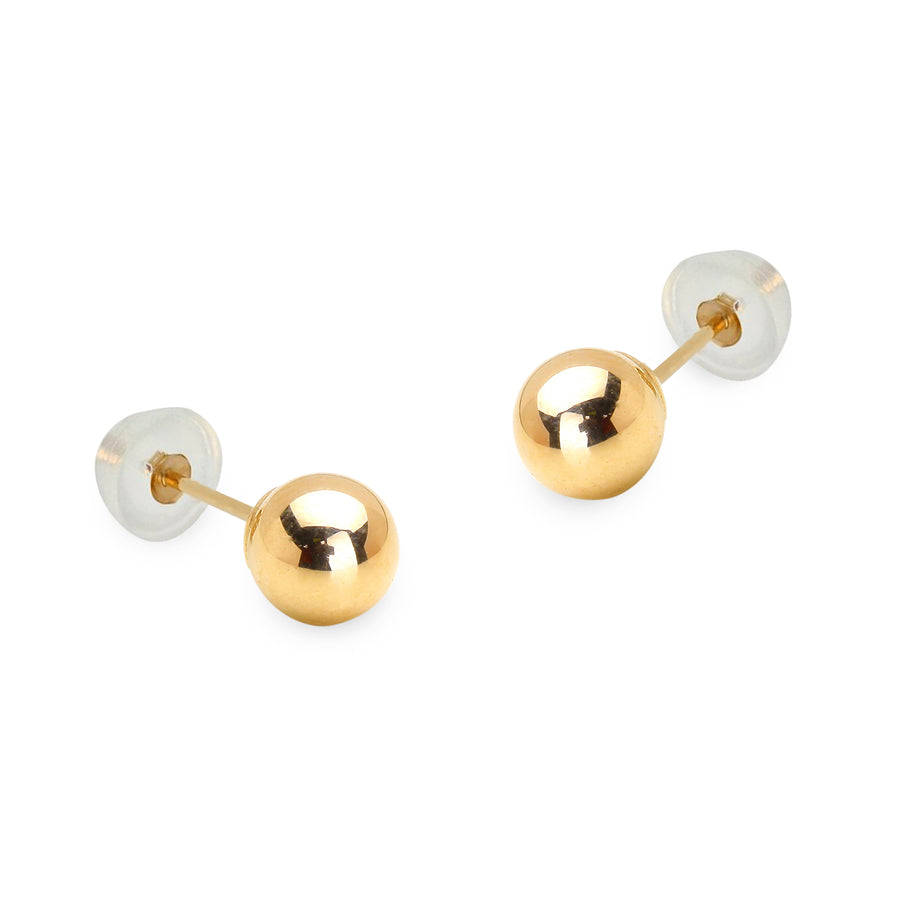 14k Yellow Gold 2-8mm Plain Hollow Gold Ball Baby Girl Silicon Pushback Earrings