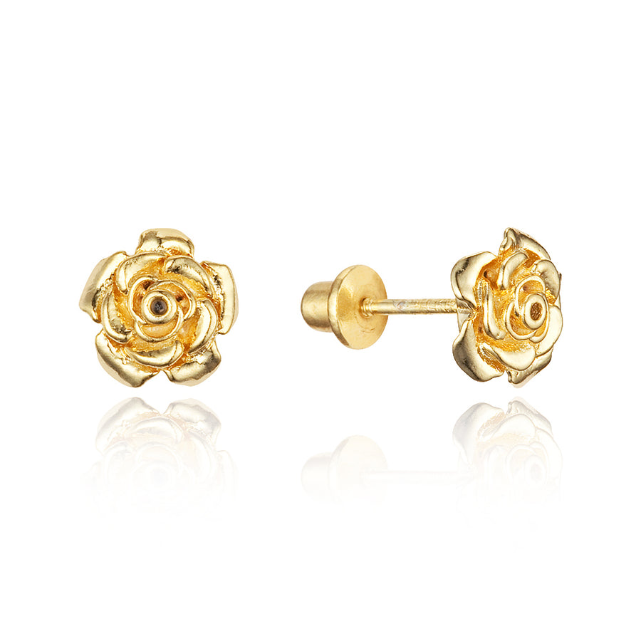 14k Gold Plated Brass Rose Flower Screwback Baby Girls Earrings Silver Post
