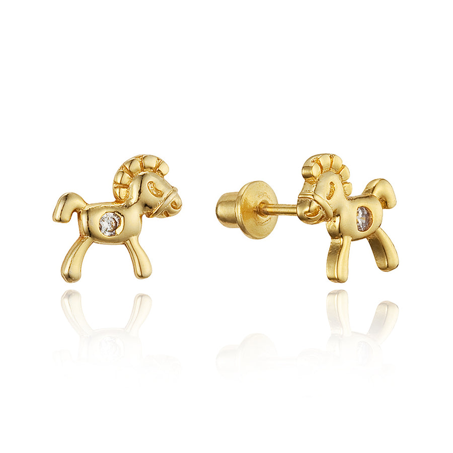14k Gold Plated Brass Horse CZ Screwback Baby Girl Earrings Sterling Silver Post