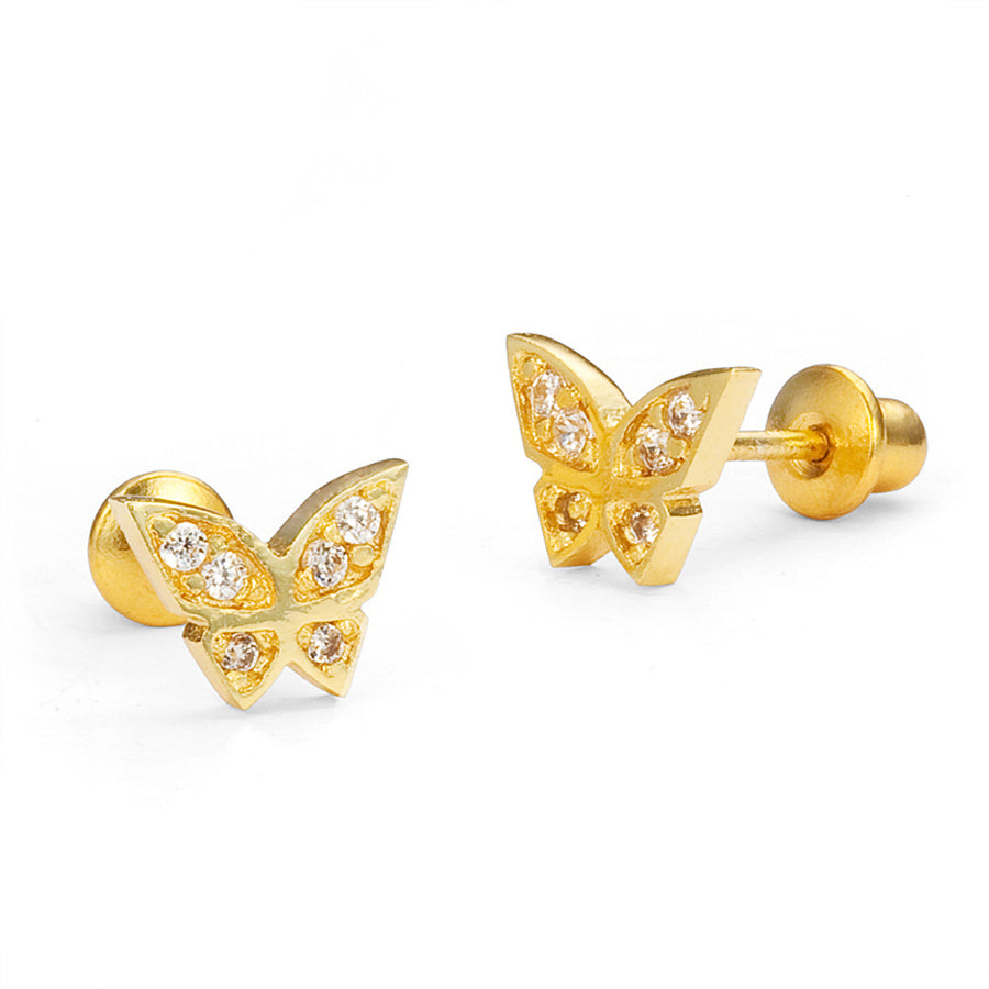 14k Gold Plated Brass Butterfly CZ Screwback Baby Earrings Sterling Silver Post