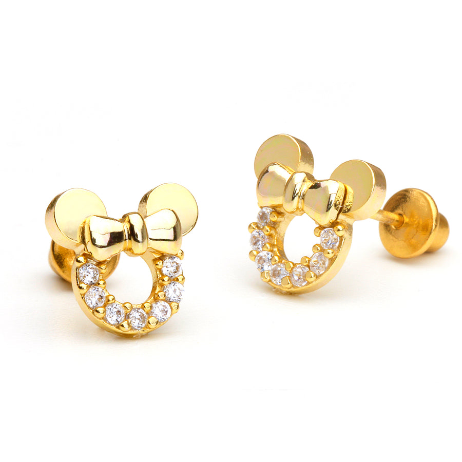 14k Gold Plated Brass Mouse CZ Screwback Baby Girl Earrings Sterling Silver Post