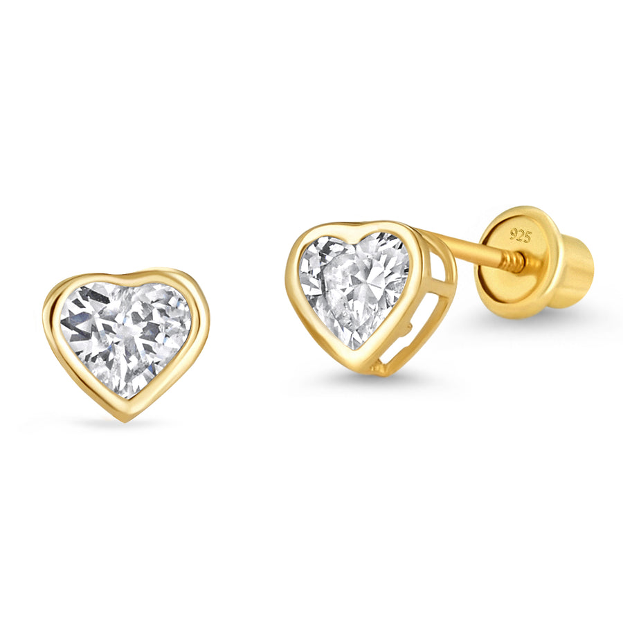 14k Gold Plated Brass Birth CZ Heart Screwback Baby Girl Earrings Silver Post