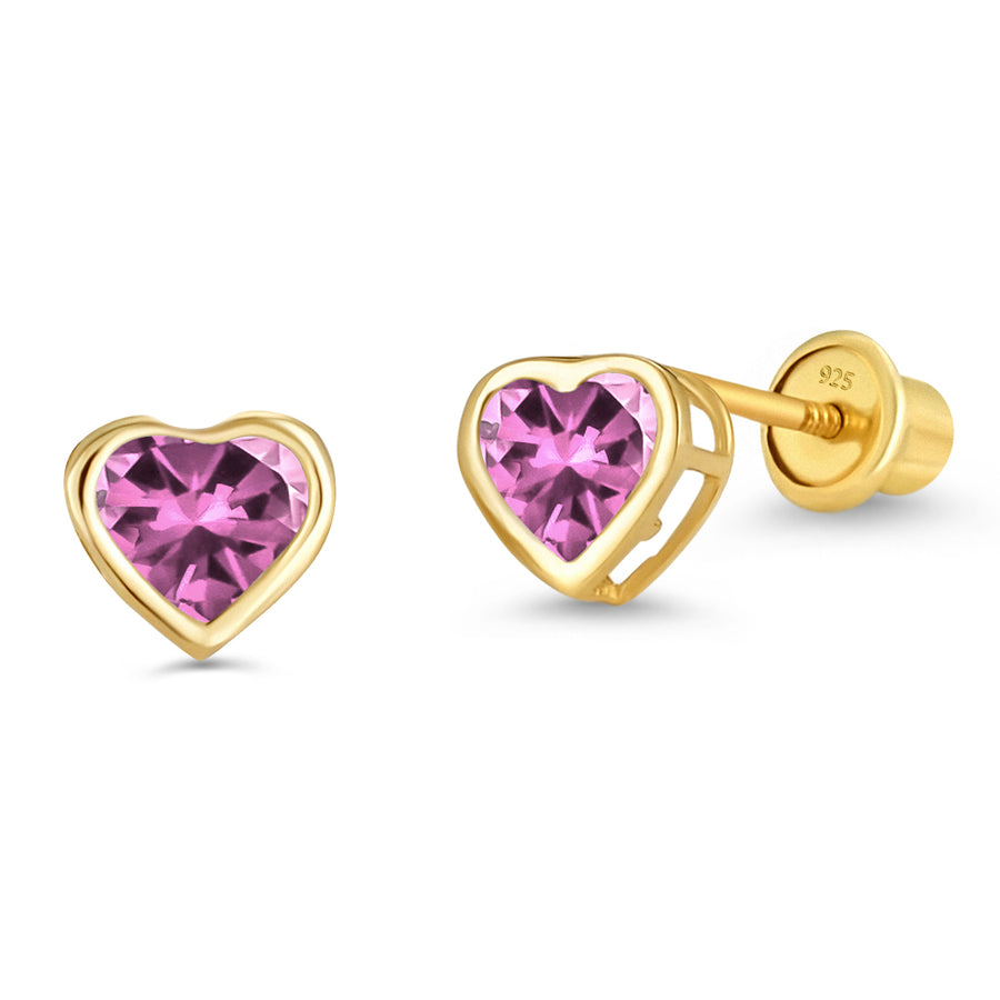 14k Gold Plated Brass Birth CZ Heart Screwback Baby Girl Earrings Silver Post