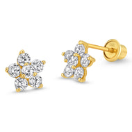 14k Gold Plated Brass Flower CZ Screwback Baby Girl Earring Sterling Silver Post