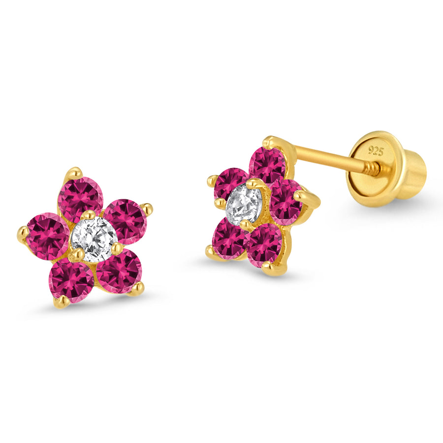 14k Gold Plated Brass Flower CZ Screwback Baby Girl Earring Sterling Silver Post