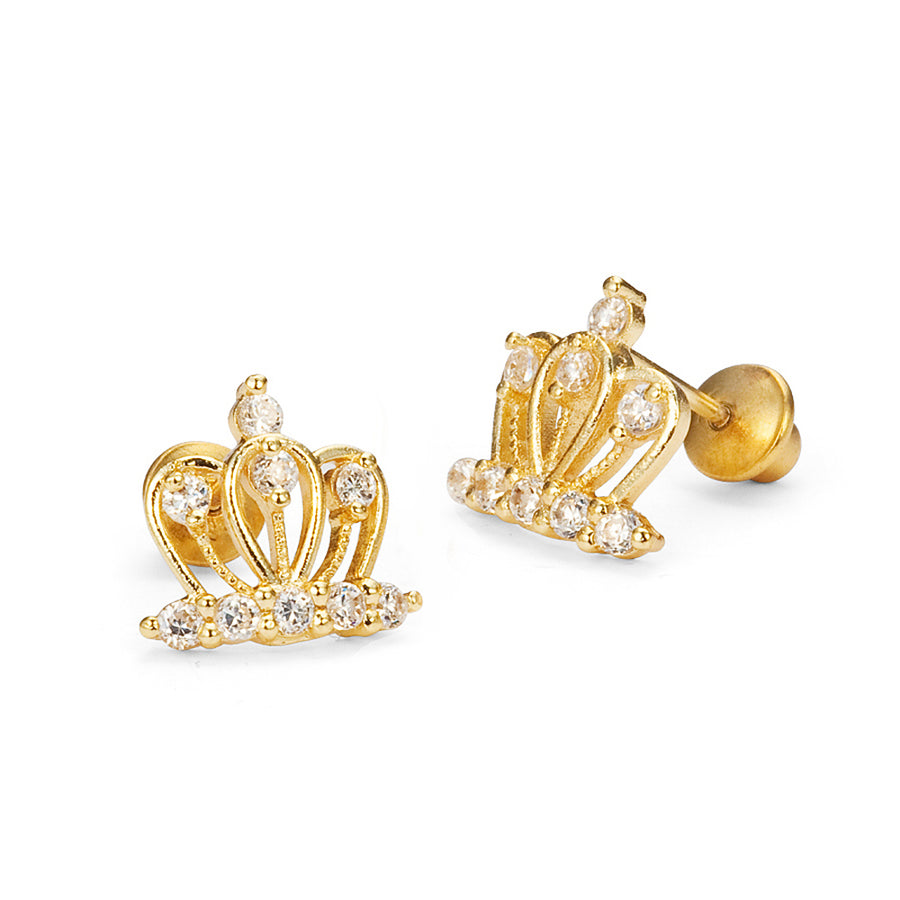 14k Gold Plated Brass Crown CZ Screwback Baby Girls Earrings with Silver Post