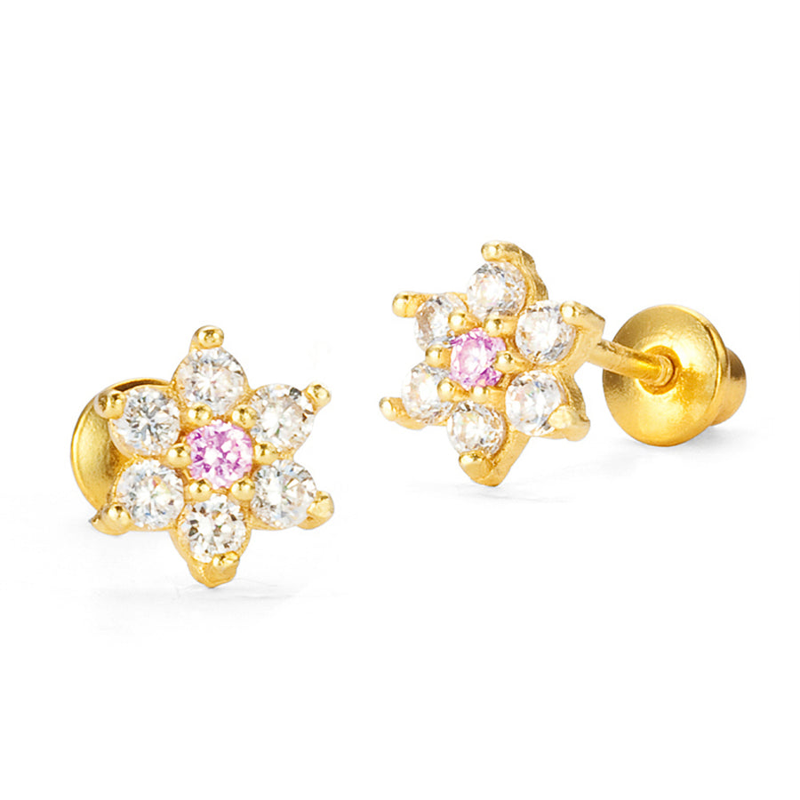 14k Gold Plated Brass Flower CZ Screwback Baby Girls Earrings with Silver Post