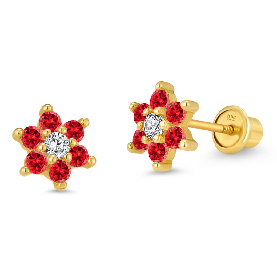 14k Gold Plated Brass Flower CZ Screwback Baby Girls Earrings with Silver Post