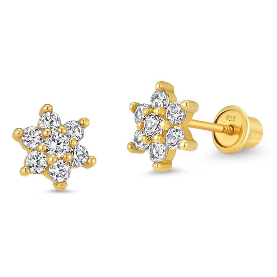 14k Gold Plated Brass Flower CZ Screwback Baby Girls Earrings with Silver Post