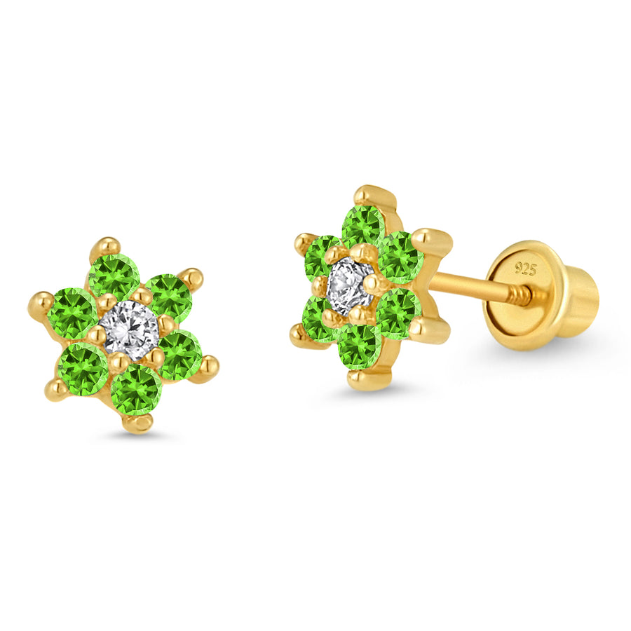 14k Gold Plated Brass Flower CZ Screwback Baby Girls Earrings with Silver Post