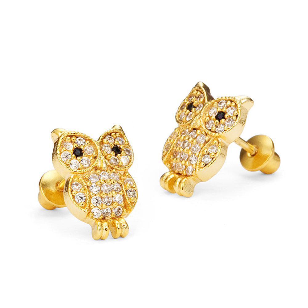 14k Gold Plated Brass Owl CZ Screwback Baby Girls Earrings Sterling Si   BE1731 920b0f5b Fbe9 4896 B3af Ac78db12807b 