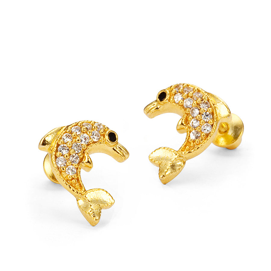 14k Gold Plated Brass Dolphin CZ Screwback Baby Girls Earrings with Silver Post