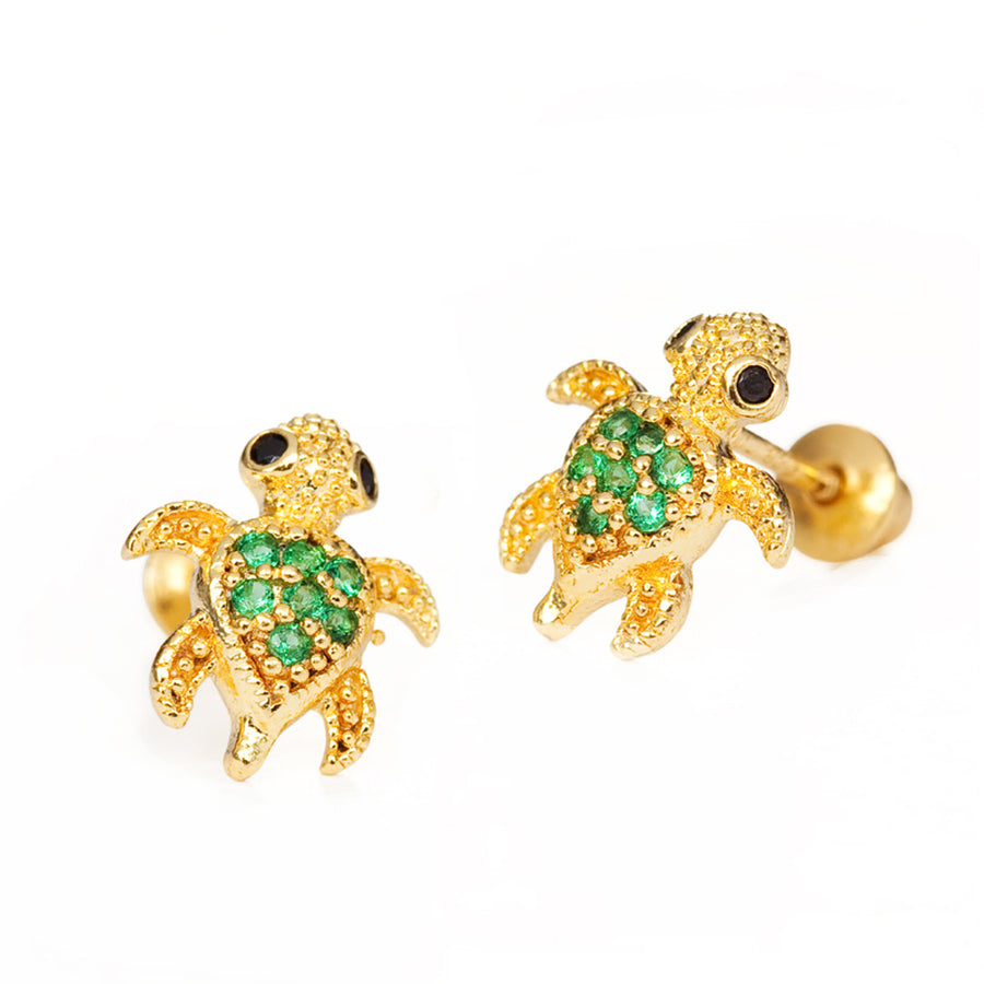 14k Gold Plated Brass Turtle CZ Screwback Baby Girls Earrings with Silver Post