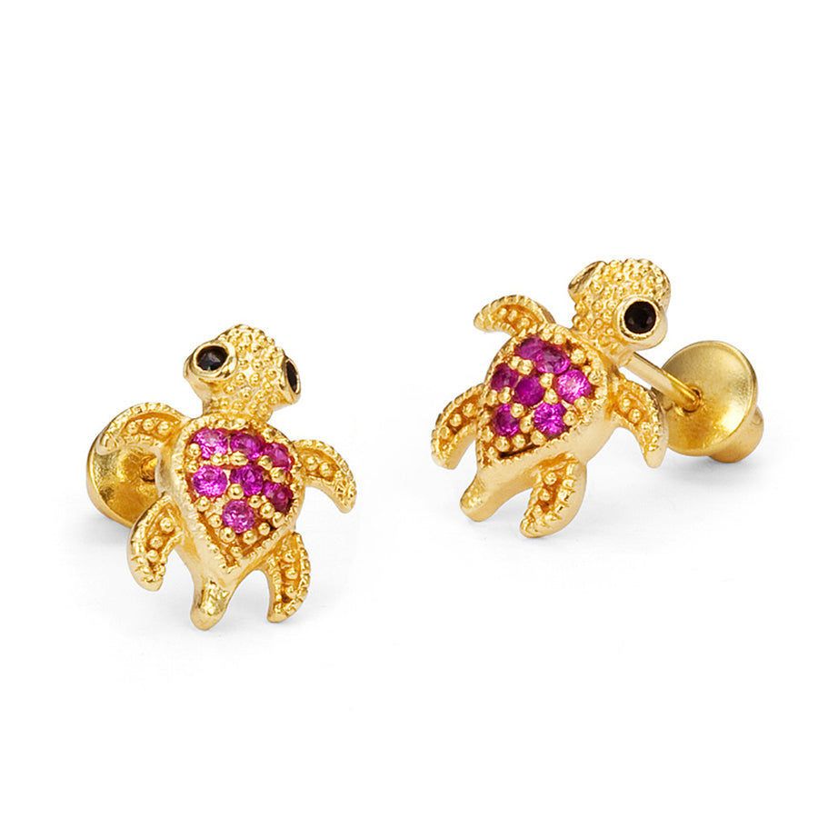 14k Gold Plated Brass Red Turtle CZ Screwback Girls Earrings with Silver Post
