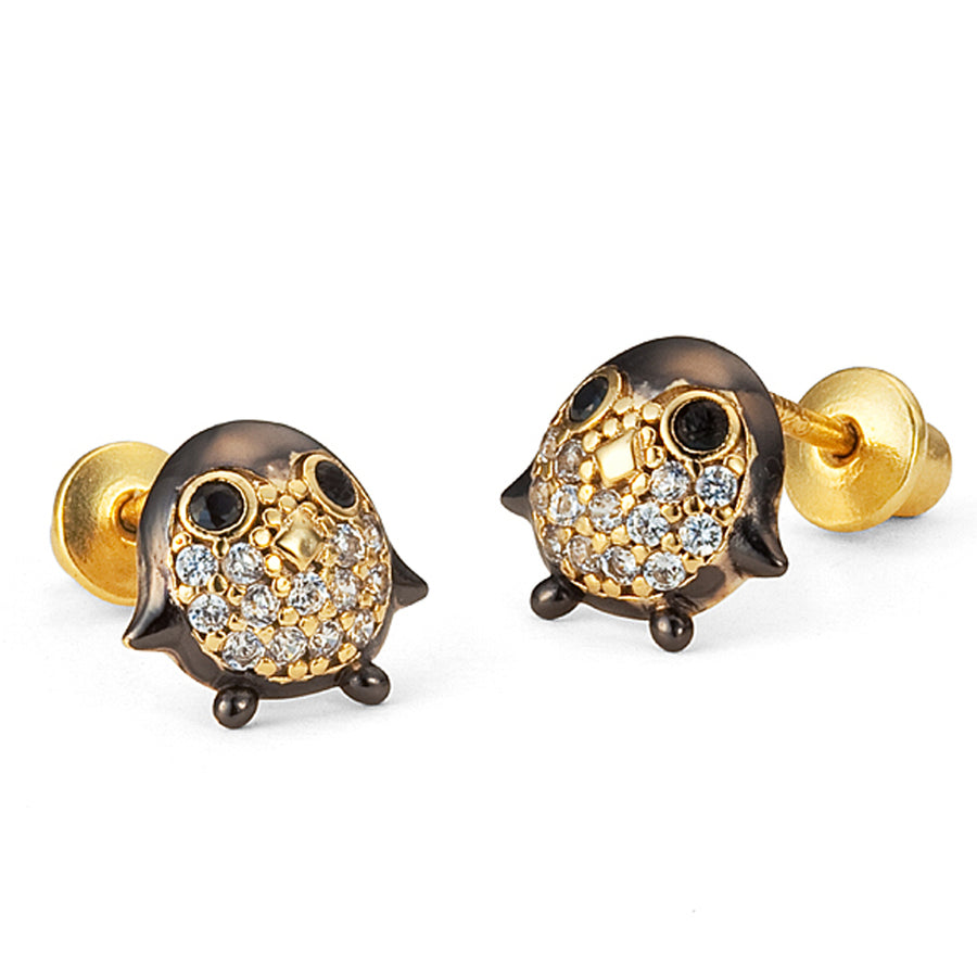 14k Gold Plated Brass Penguin CZ Screwback Baby Girls Earrings with Silver Post