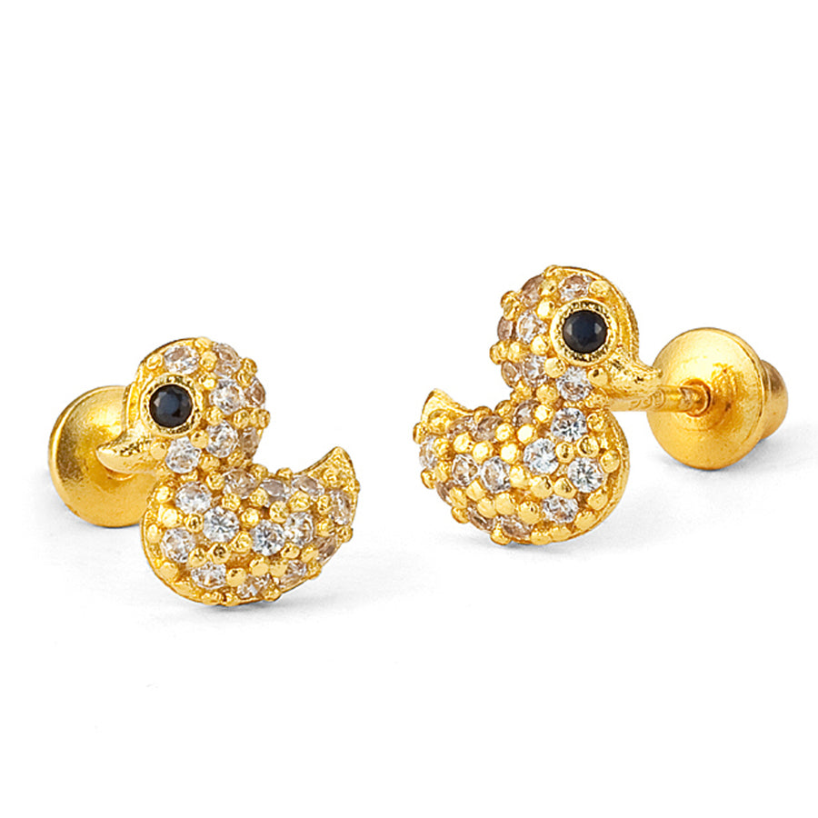 14k Gold Plated Brass Duck CZ Screwback Baby Girls Earrings Sterling Silver Post