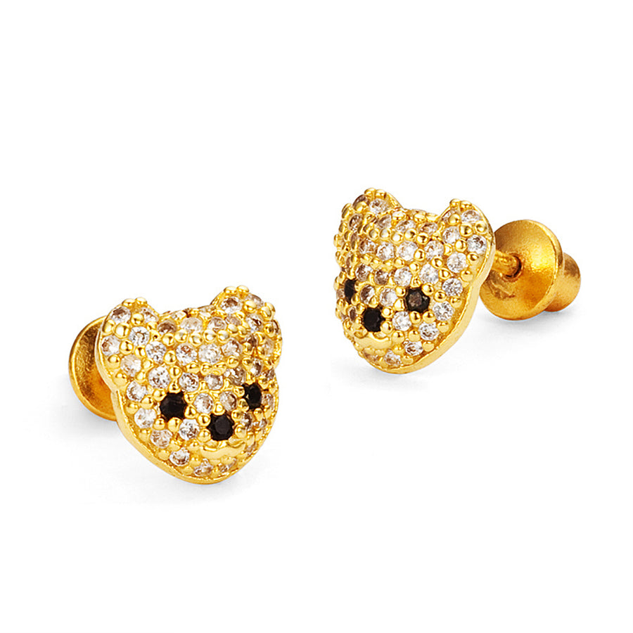 14k Gold Plated Brass Teddy Bear CZ Screwback Girls Earrings with Silver Post