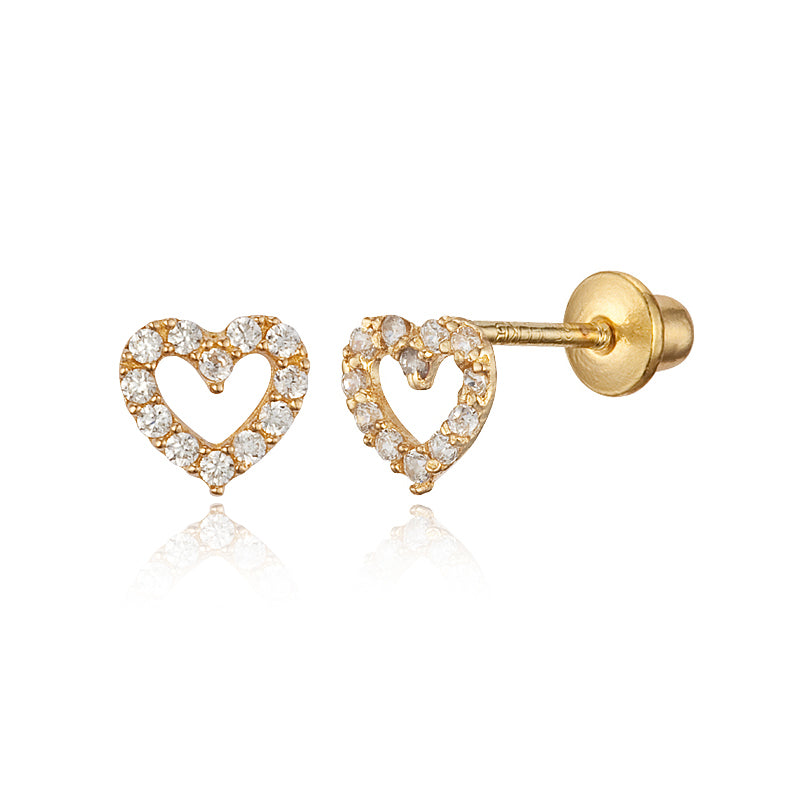14k Gold Plated Brass Open Heart CZ Screwback Girls Earrings with Silver Post