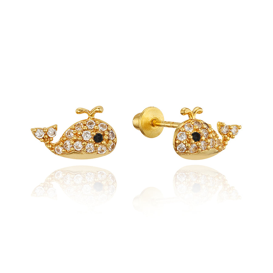 14k Gold Plated Brass Whale CZ Screwback Baby Girls Earrings with Silver Post