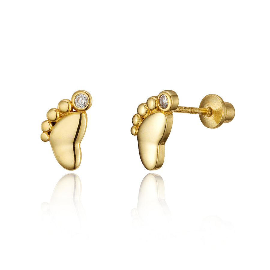 14k Gold Plated Brass Foot Print CZ Screwback Baby Earrings Sterling Silver Post