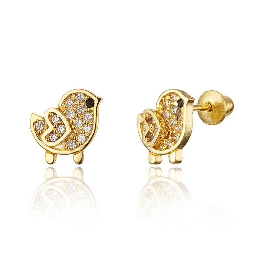 14k Gold Plated Brass Chick CZ Screwback Baby Girls Earrings with Silver Post