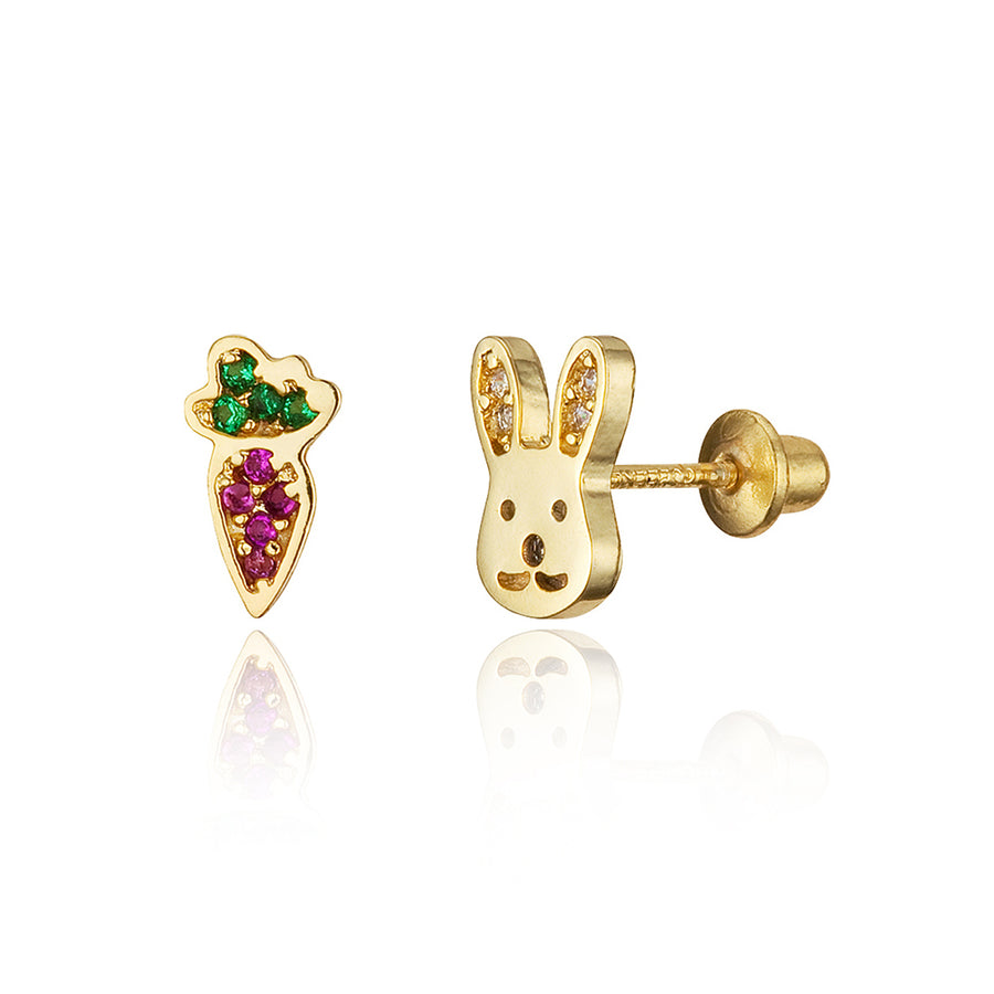 14k Gold Plated Brass Rabbit Carrot CZ Screwback Girls Earrings with Silver Post