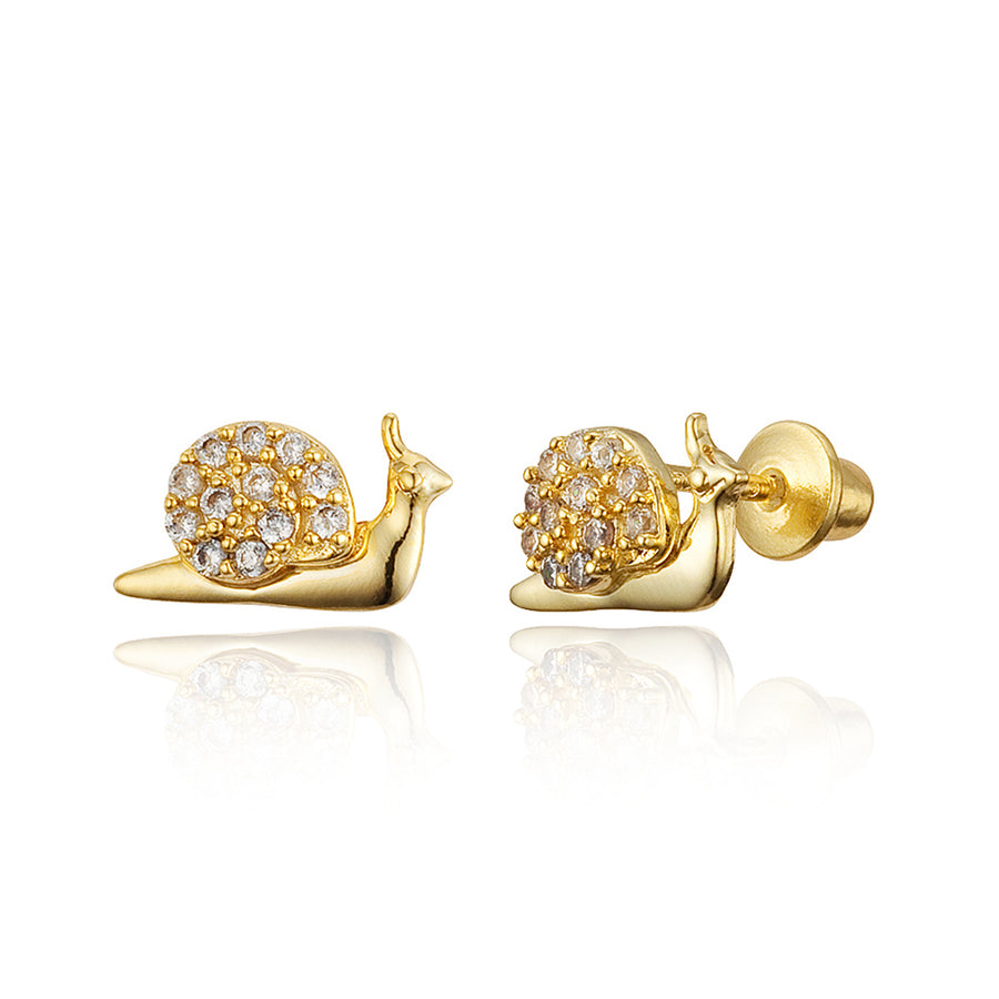 14k Gold Plated Brass Snail CZ Screwback Baby Girls Earrings with Silver Post