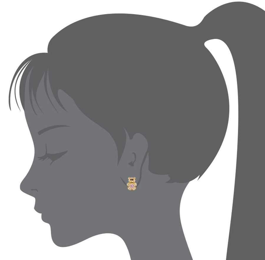 14k Gold Plated Brass Teddy Bear CZ Screwback Girls Earrings with Silver Post