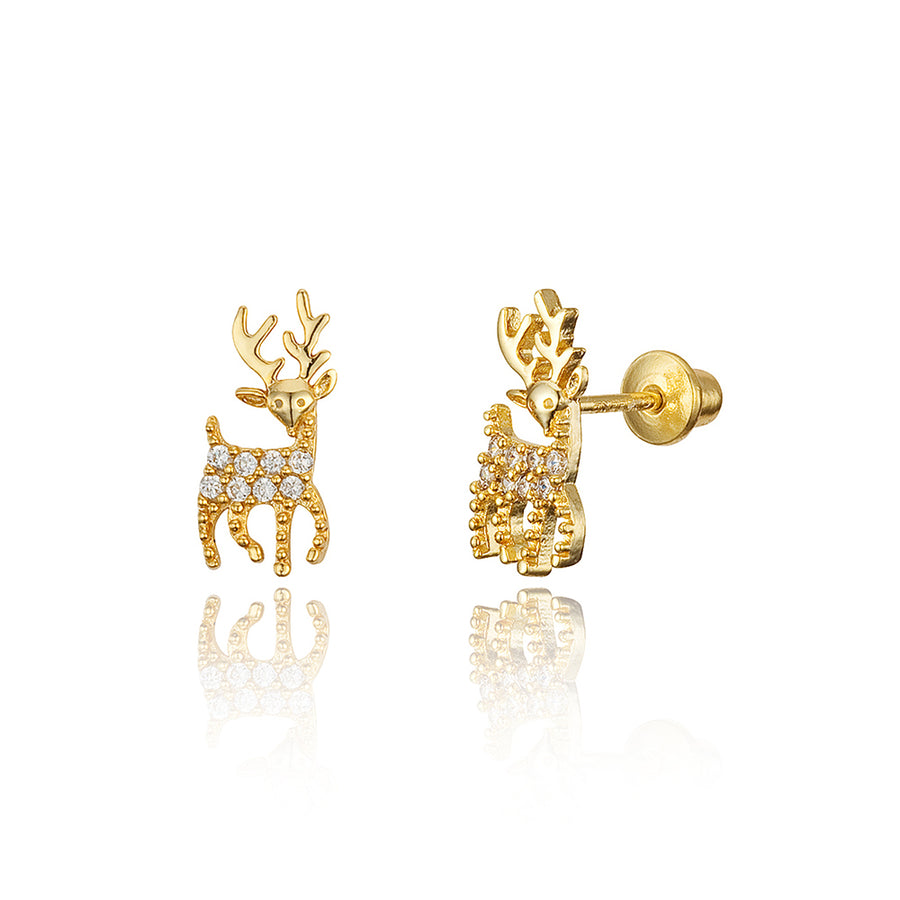 14k Gold Plated Brass Deer CZ Screwback Baby Girls Earrings Sterling Silver Post