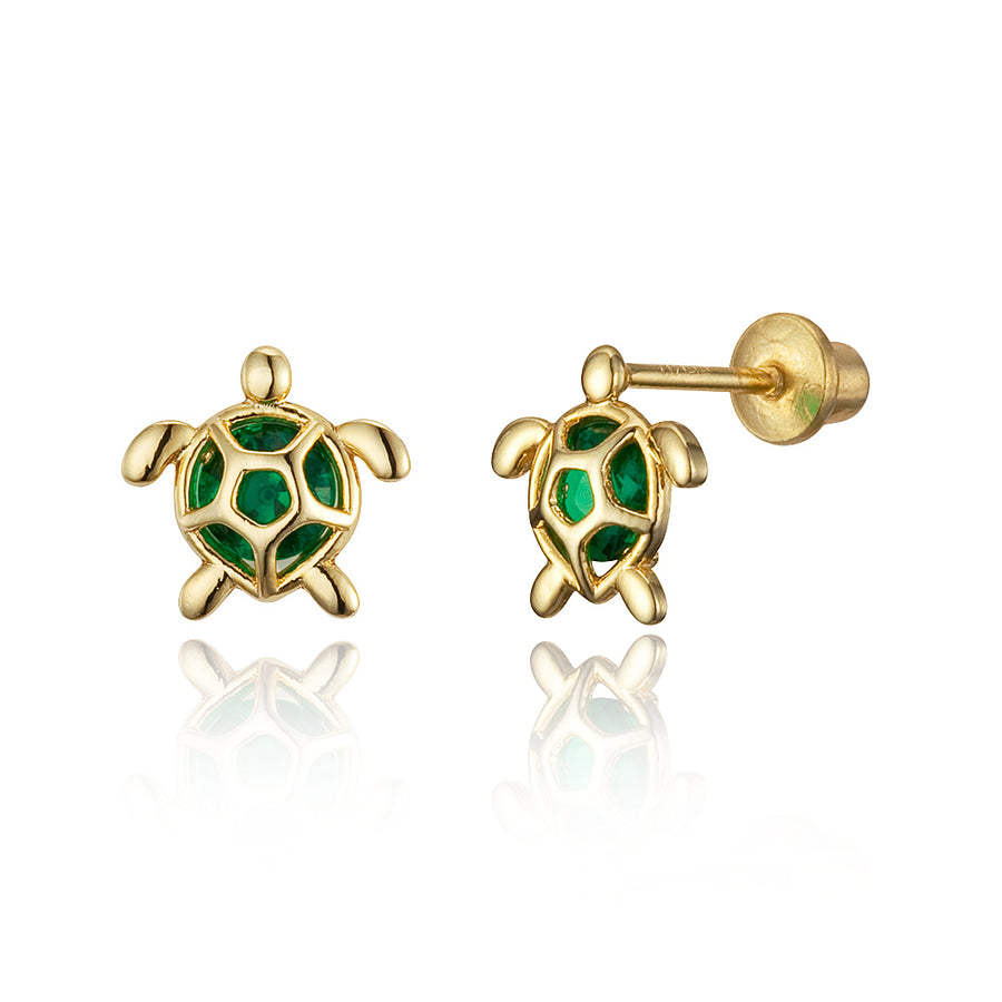 14k Gold Plated Brass Green Turtle CZ Screwback Girls Earrings with Silver Post