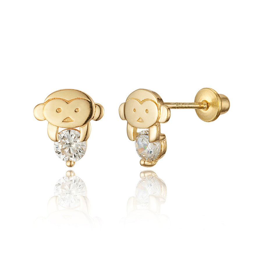 14k Gold Plated Brass Monkey CZ Screwback Baby Girls Earrings with Silver Post