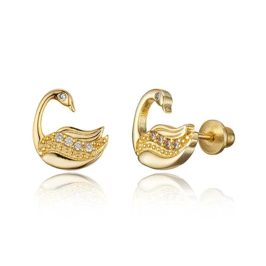 14k Gold Plated Brass Swan CZ Screwback Baby Girls Earrings with Silver Post