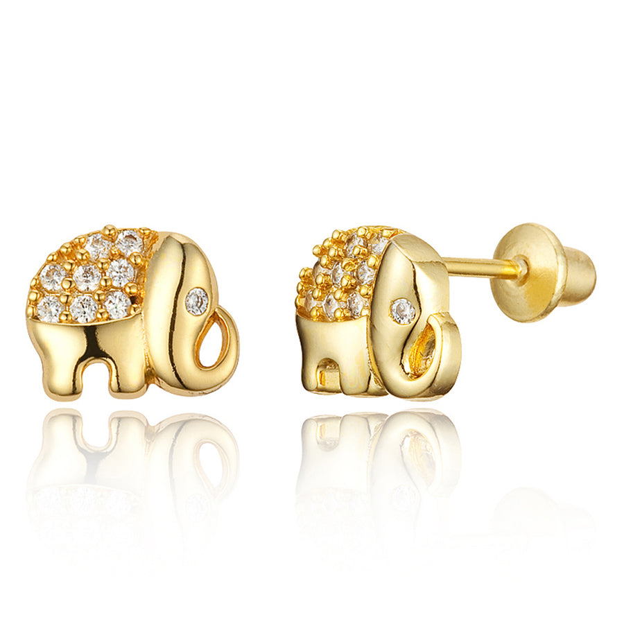 14k Gold Plated Brass Elephant CZ Screwback Girls Earrings with Silver Post