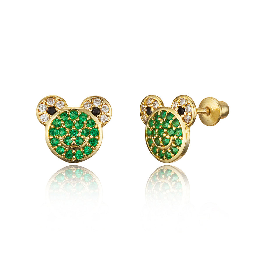 14k Gold Plated Brass Frog CZ Screwback Baby Girls Earrings with Silver Post