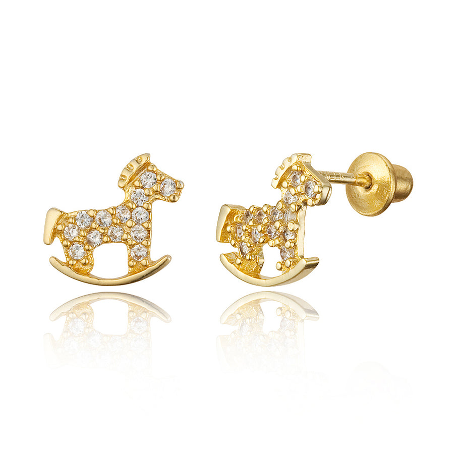 14k Gold Plated Brass Horse CZ Screwback Baby Girls Earrings with Silver Post