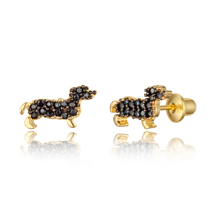 14k Gold Plated Brass Puppy CZ Screwback Baby Girls Earrings with Silver Post