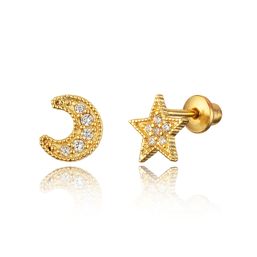 14k Gold Plated Brass Moon Star CZ Screwback Girls Earrings with Silver Post