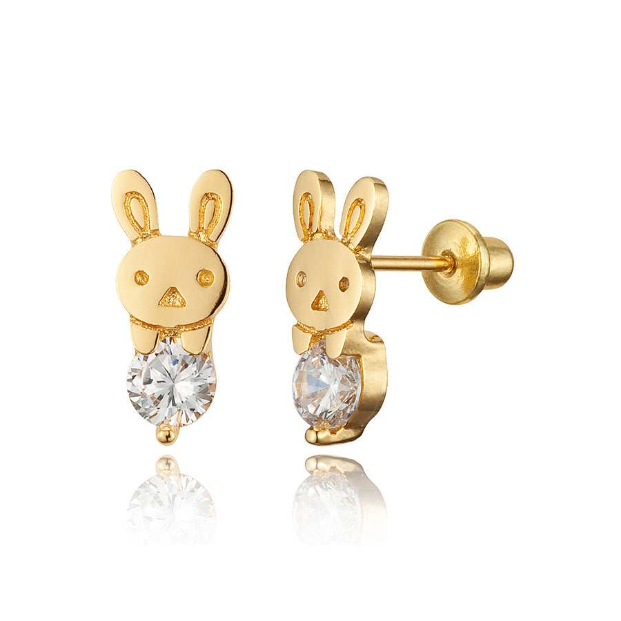14k Gold Plated Brass Rabbit CZ Screwback Baby Girls Earrings with Silver Post