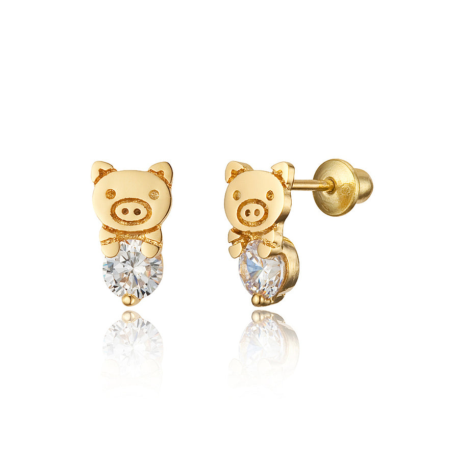 14k Gold Plated Brass Pig CZ Screwback Baby Girls Earrings Sterling Silver Post