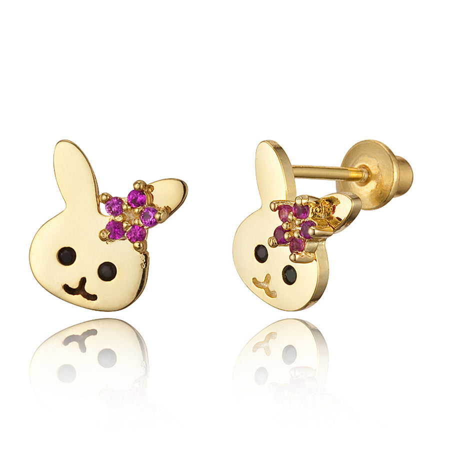 14k Gold Plated Brass Rabbit CZ Screwback Baby Girls Earrings with Silver Post