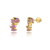 14k Gold Plated Brass Dinosaur CZ Screwback Girls Earrings Sterling Silver Post