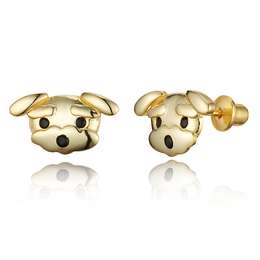 14k Gold Plated Brass Puppy CZ Screwback Baby Girls Earrings with Silver Post