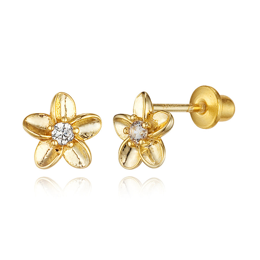 14k Gold Plated Brass Flower CZ Screwback Baby Girls Earrings with Silver Post