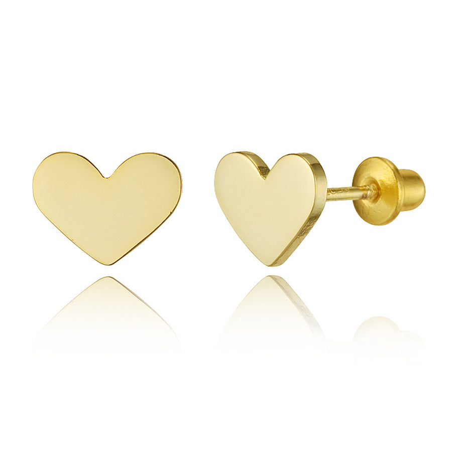 14k Gold Plated Brass Plain Heart Screwback Baby Girls Earrings with Silver Post